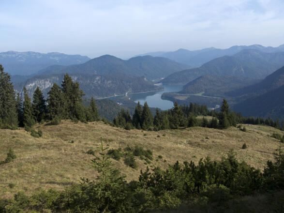 Fernblick über den verfallenen Kotzenalm-Niederleger zum Sylvensteinsee
