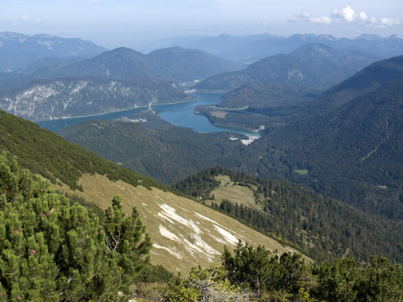 Gipfelblick über den erodierten Steilhang und den Kotzenalm-Niederleger zum Sylvensteinsee
