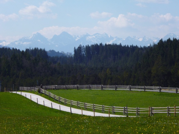 Begleitet von einem traumhaften Bergpanorama führt der Weg von der Wieskirche in Richtung Süden.