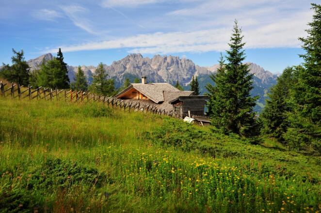 Alm-Idylle pur. Dahinter wieder die Dolomiten.