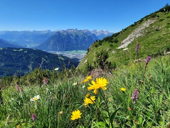 Ausblick hinunter ins Tal auf dem Weg Richtung Tiefenseesattel