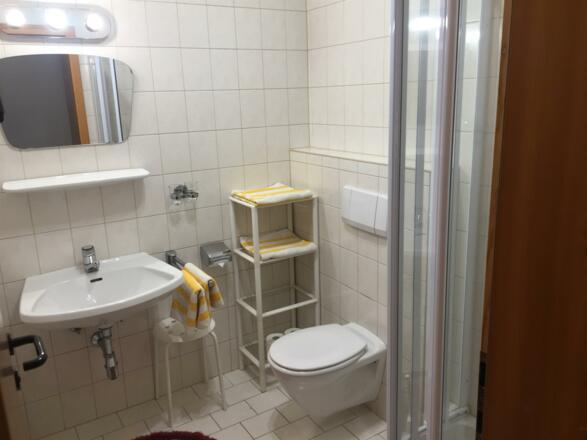 Duschzimmer mit Waschbecken und WC