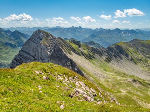 Blick vom Pöngertlekopf Richtung Pfaffeneck. In den Hängen des Pfaffenecks sind oft Steinböcke zu sehen.