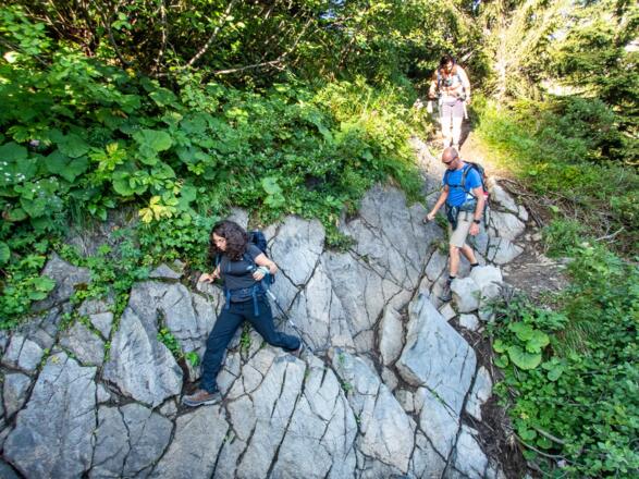 Der Jägersteig direkt hinter der Freiburger Hütte, führt zum Formarinsee hinab.