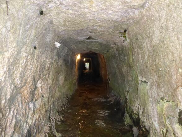 Durch den heute begehbaren, 53 Meter langen Stollen leitete man das Wasser zu den Wasserrädern des Hammerwerkes.