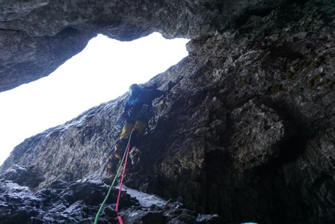 Die Schlüsselstelle (leider ohne Eis) in der 3. Seillänge