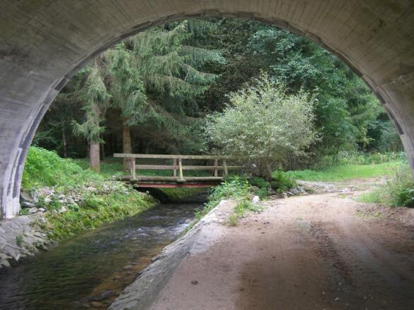 Holzbrücke über den Schweinberger Bach.