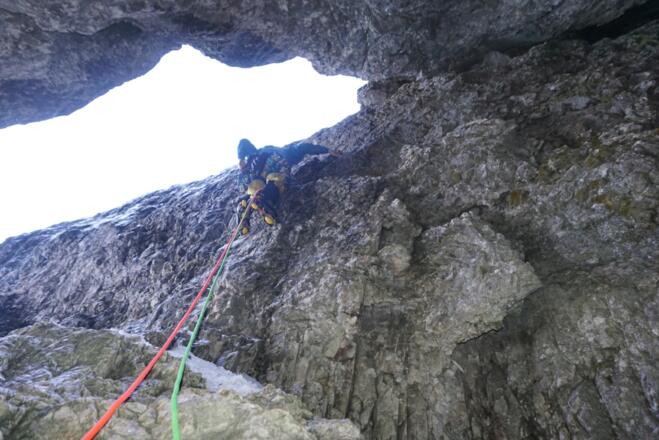Die Schlüsselstelle (leider ohne Eis) in der 3. Seillänge