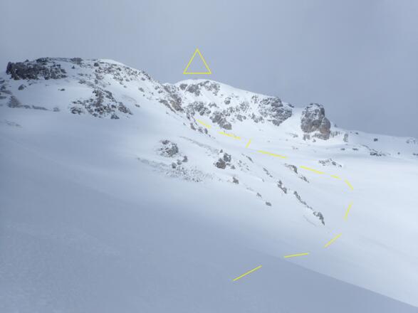 Anstiegslinie zur Schliererspitze, wenn der direkte Weg über den Kamm abgeblasen ist