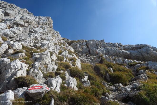 durch felsiges grasiges Gelände mit guten Markierungen