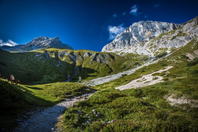 Aufstieg zum Guttenberghaus, bereits im Tiefkar mit Blick auf Eselstein (links) und Sinabell (rechts)
