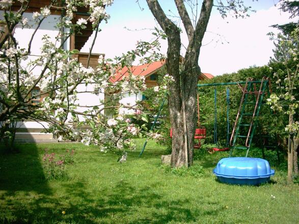 Im Garten Sandmuschel und Schaukel