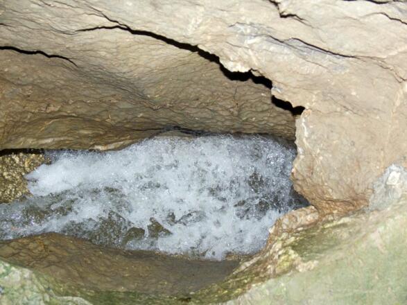 Am Grund der Höhle läuft ein Wildbach.