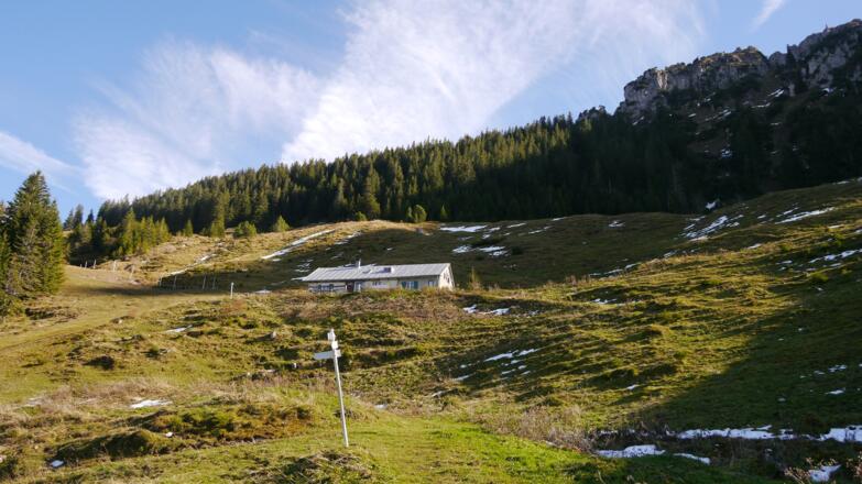 Die Älpele-Alpe unterhalb des Sorgschrofens