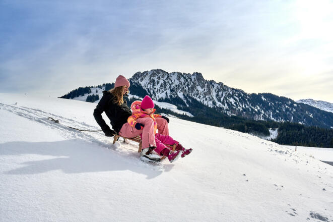 Familiengaudi mit dem Schlitten im Tannheimer Tal.