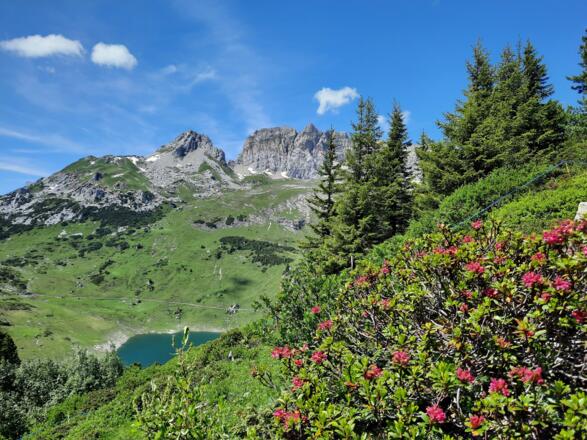 Formarinsee mit Roter Wand im Hintergrund