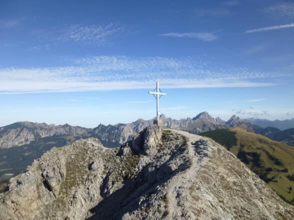 Panorama mit Gipfelkreuz und den Tannheimer Bergen