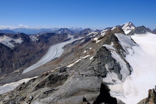 Grat für die Überschreitung mit Mittlerer und Hinterer Hintereisspitze; im Hintergrund der Weißkugel (3739m)