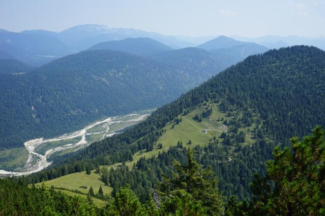 Blick auf die Weideflächen der Grasbergalm und die Isar in der Tiefe
