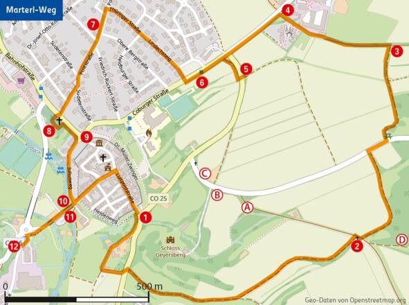 Die Marterl 1-12 werden bei der Wanderung gezielt abgelaufen. Optional können die Marterl A-D hinzugefügt werden.