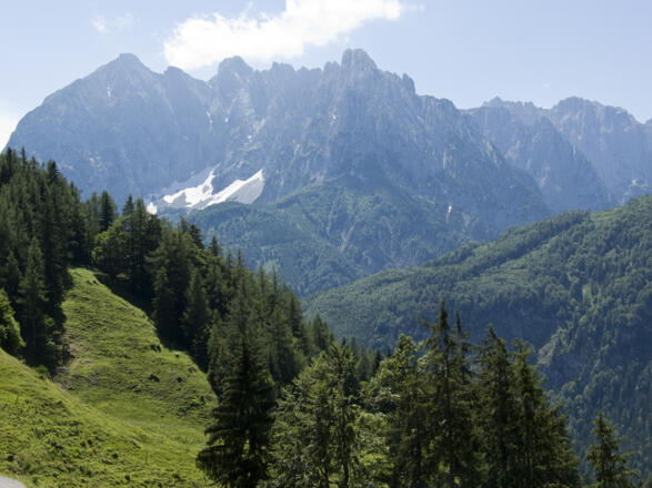 Immer wieder begeistert der Ausblick zum Wilden Kaiser mit Ackerl- und Mauckspitze.