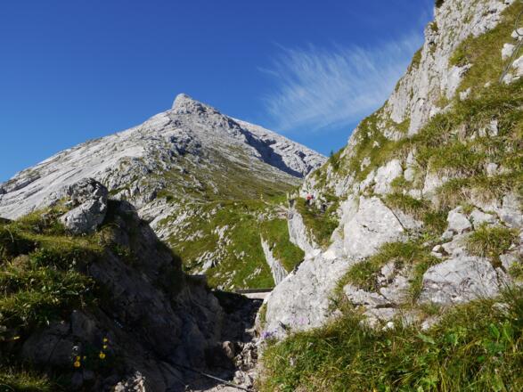 Die letzten Meter zum Watzmannhaus mit Blick zum Hocheck.