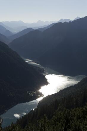 Im Plansee spiegelt sich die Morgensonne.