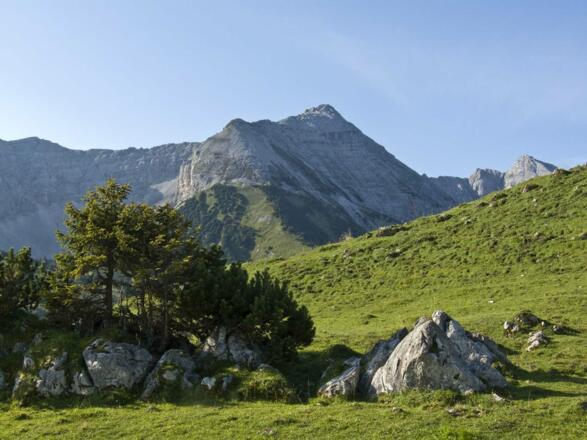 Vom Plumsjoch zeigt sich die Bettlerkarspitze; sie wäre auch ein lohnendes Bergziel.