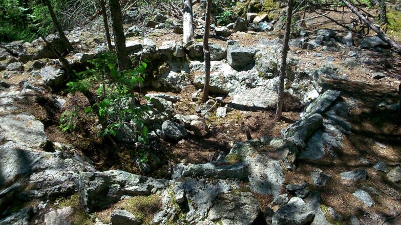 es geht durch lichten Wald und die Reste des Felssturzes