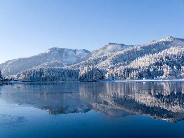 Über dem Spitzingsee erheben sich Stolzenberg, Rotkopf und Roßkopf.
