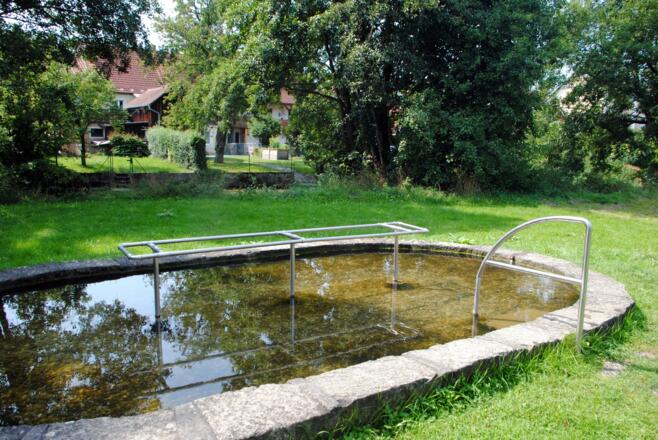 Barrierearmer Wanderweg in Beratzhausen. Becken im Skulpturenpark
