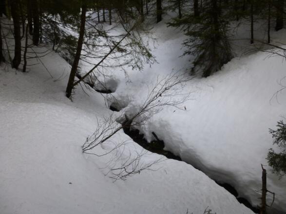 Schneehöhe erkennbar am Bach