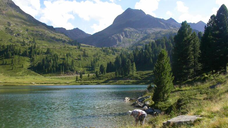 Blick zurück; hinten verläuft die Straße zum Staller Sattel