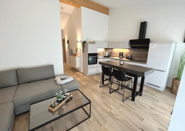 offene Wohnraum und Küche mit hohen Decken