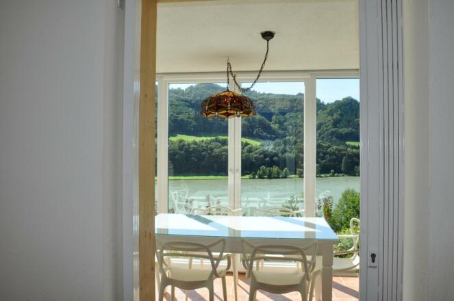 Blick in den Wintergarten und auf die Donau