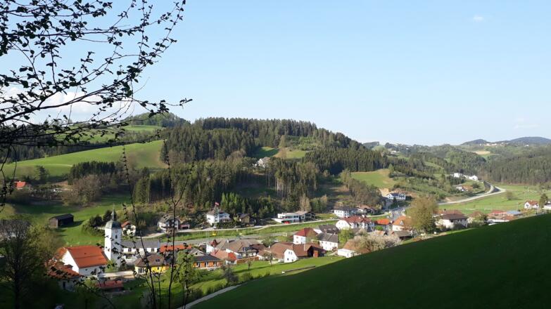 Ausblick vom Friedensfelsen auf die Gemeinde Pierbach