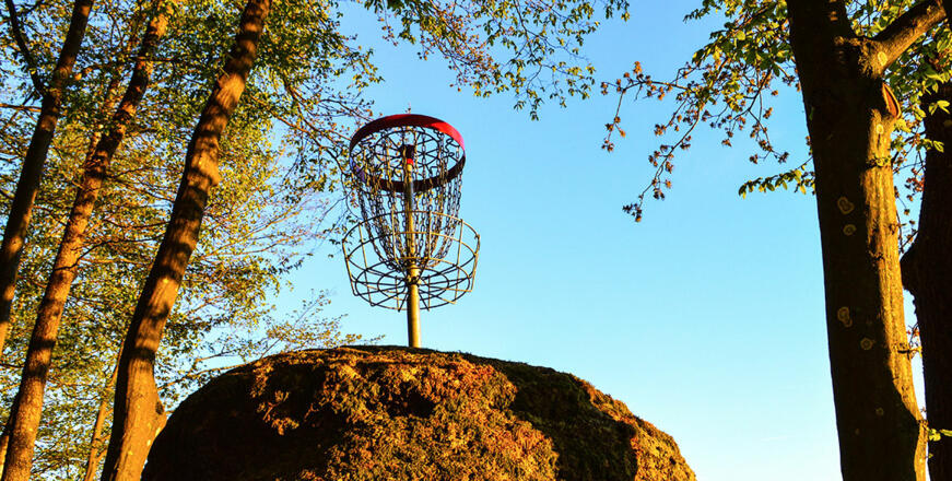 Discgolfkorb auf Granitstein