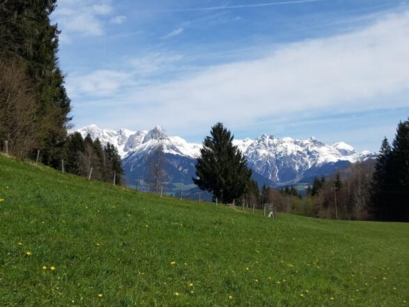 Das Tennengebirge taucht auf, - die stille Höhenwanderung nähert sich ihrem Ende in Bischofshofen.