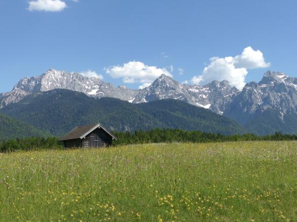 Im Antlitz des Karwendelgebirges folgt von Krün nochmals ein Anstieg hinauf zur Kapelle Maria Rast und weiter über die wunderschönen Buckelwiesen nach Mittenwald.