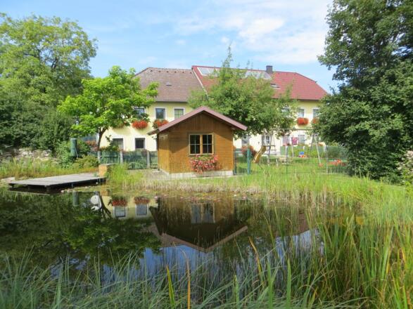 Haus mit Gartenhaus und Schwimmteich