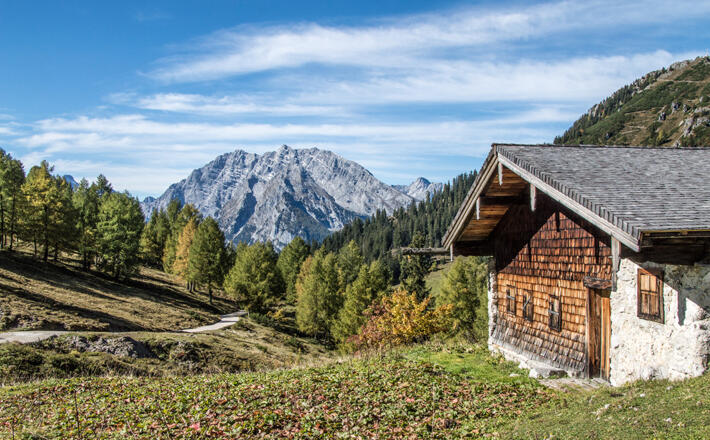 Blick von einem der Kaser auf der Königsbergalm zum Watzmann