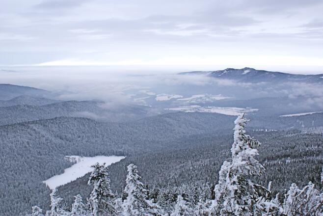 Blick zum Kleinen Arbersee und Lamer Winkel mit Osser