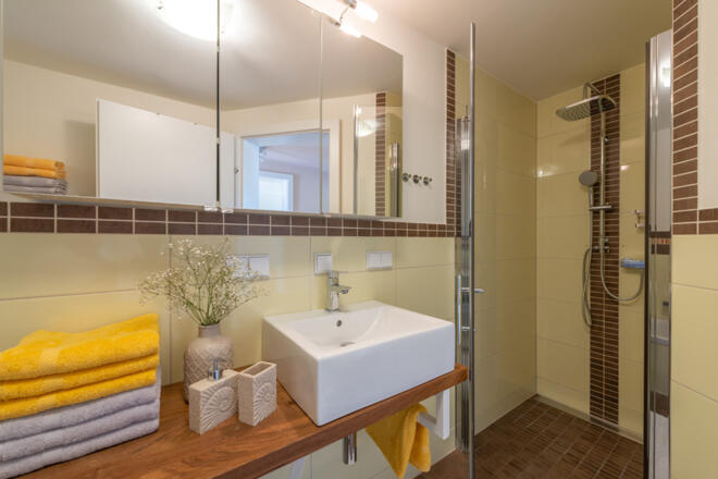 Ferienhaus Naschgarten in Bad Goisern - Badezimmer mit Dusche und Waschbecken