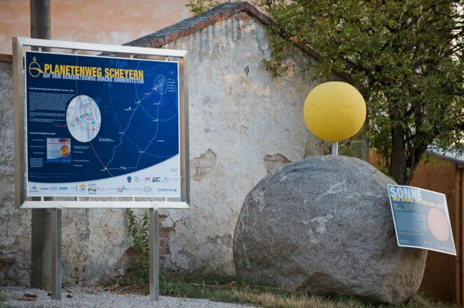 Planetenweg mit Schild und Sonne