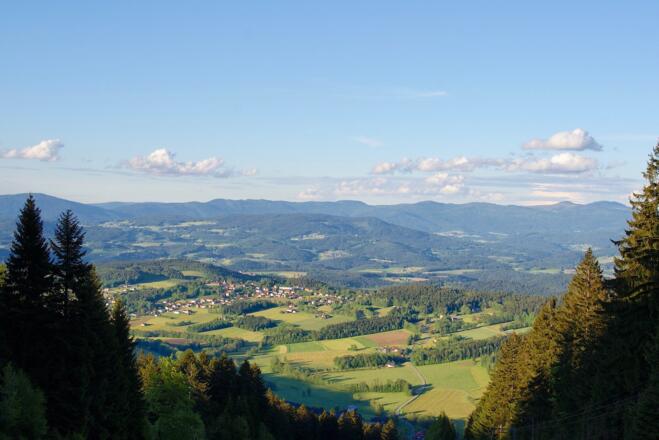 Fernsicht vom Pröller-Nordhang nach Kollnburg und ins Riedbachtal