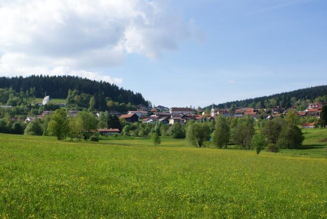 Blick über die Kurparkwiesen nach St. Englmar