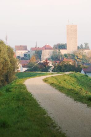 Donaudamm Richtung Wasserturm und Burgmauer