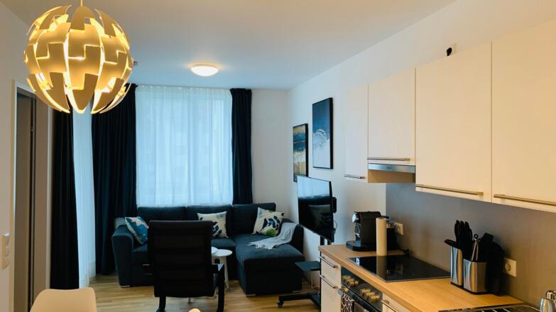 Wohnbereich mit Smart TV und Schlafcouch