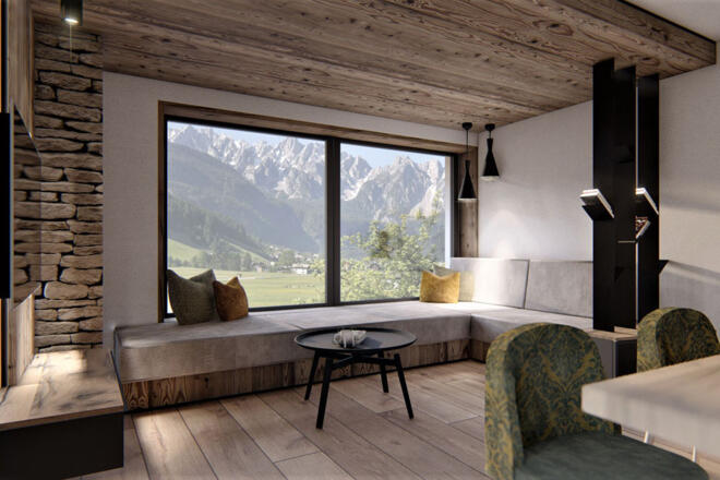 Heller Wohnbereich im Apartment Gosauschmied