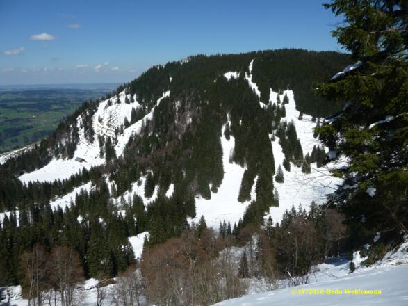 Blick vom Naturfreundehaus zurück zum Immenstädter Horn. Der Abstieg erfolgte durch die Schneise in Bildmitte, dann in Blickrichtung rechts davon